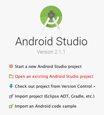 From the main screen when you launch Android Studio, choose Open an existing Android Studio Project
